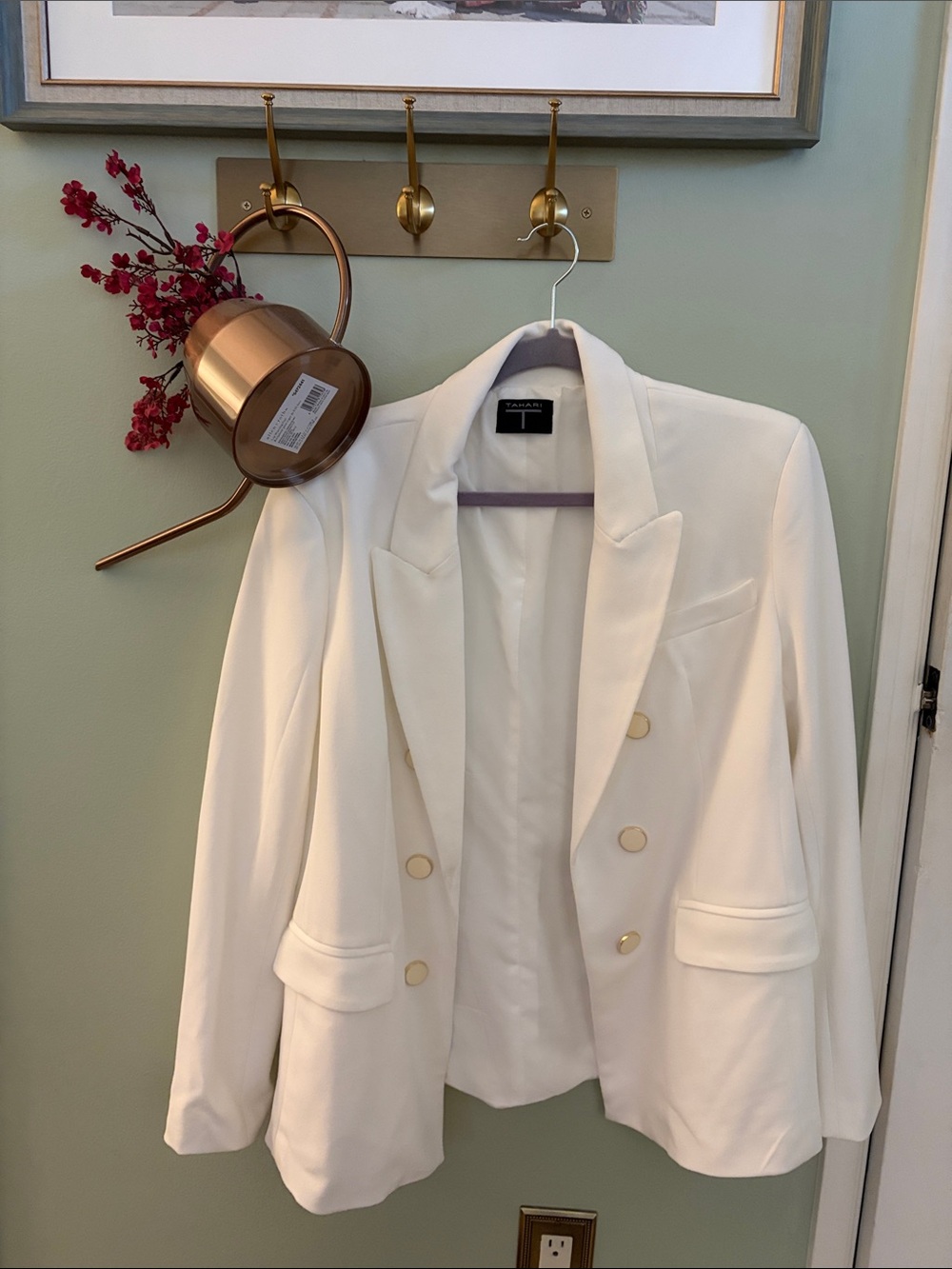 Tahari Ivory Double-Breasted Blazer with Gold Buttons